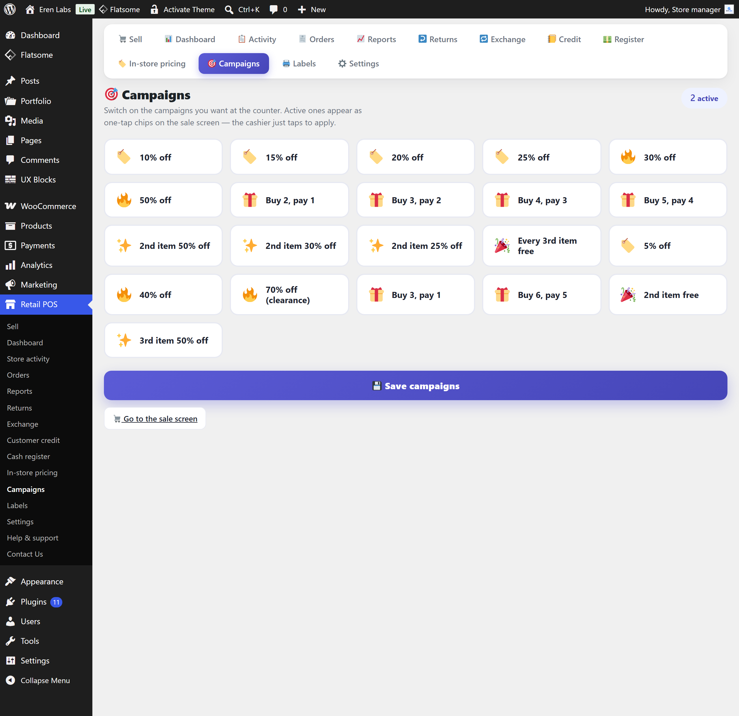 The campaigns screen listing named discount scenarios such as a staff discount, three-for-two, and every second item at half price.