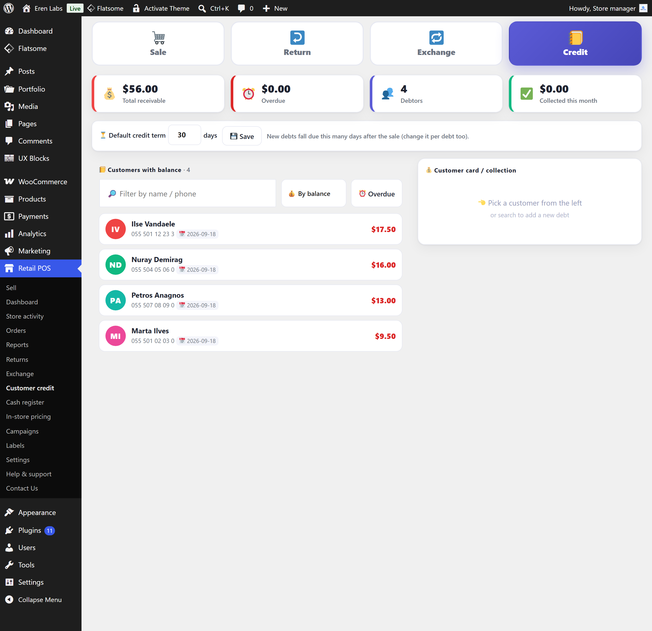 The customer credit screen: total receivable, overdue amount, number of debtors, and a list of four customers with their outstanding balances and due dates.