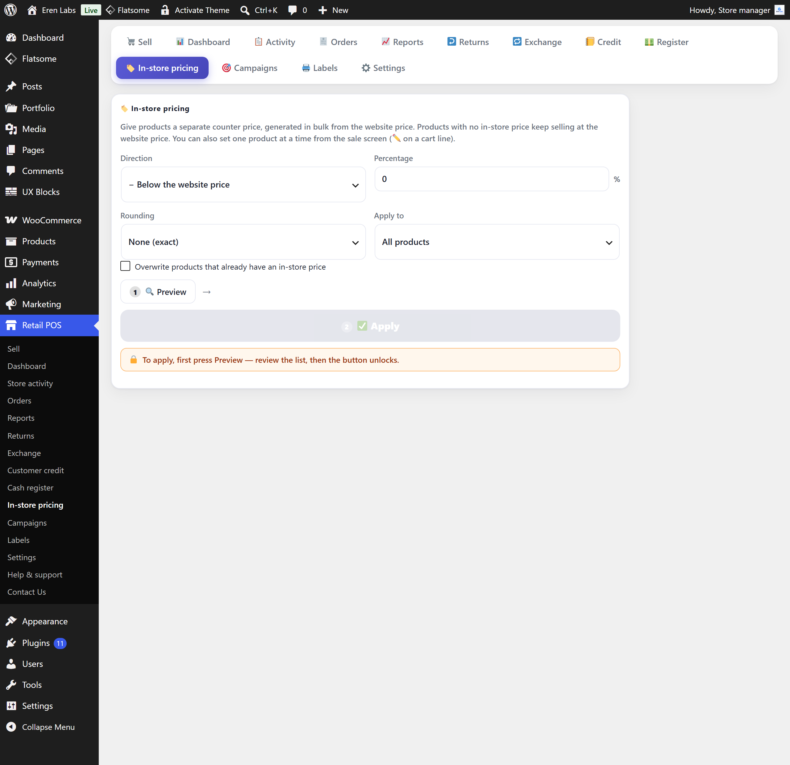 The in-store pricing screen: a bulk generator that sets counter prices from the website price by a percentage, with rounding rules and a preview of how many products are in scope.