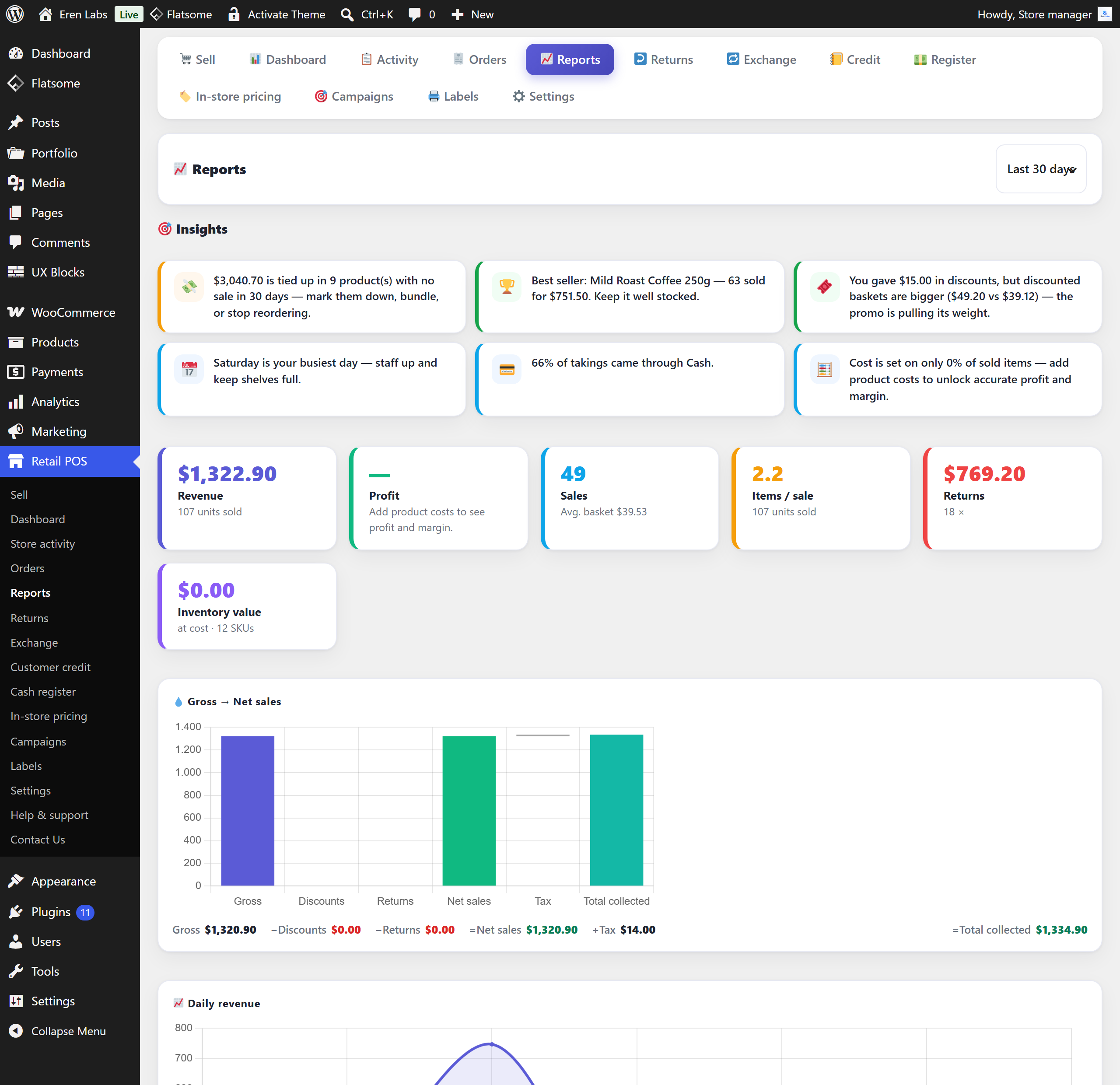 The profit reports screen showing revenue, cost and margin over a chosen period, broken down by product.