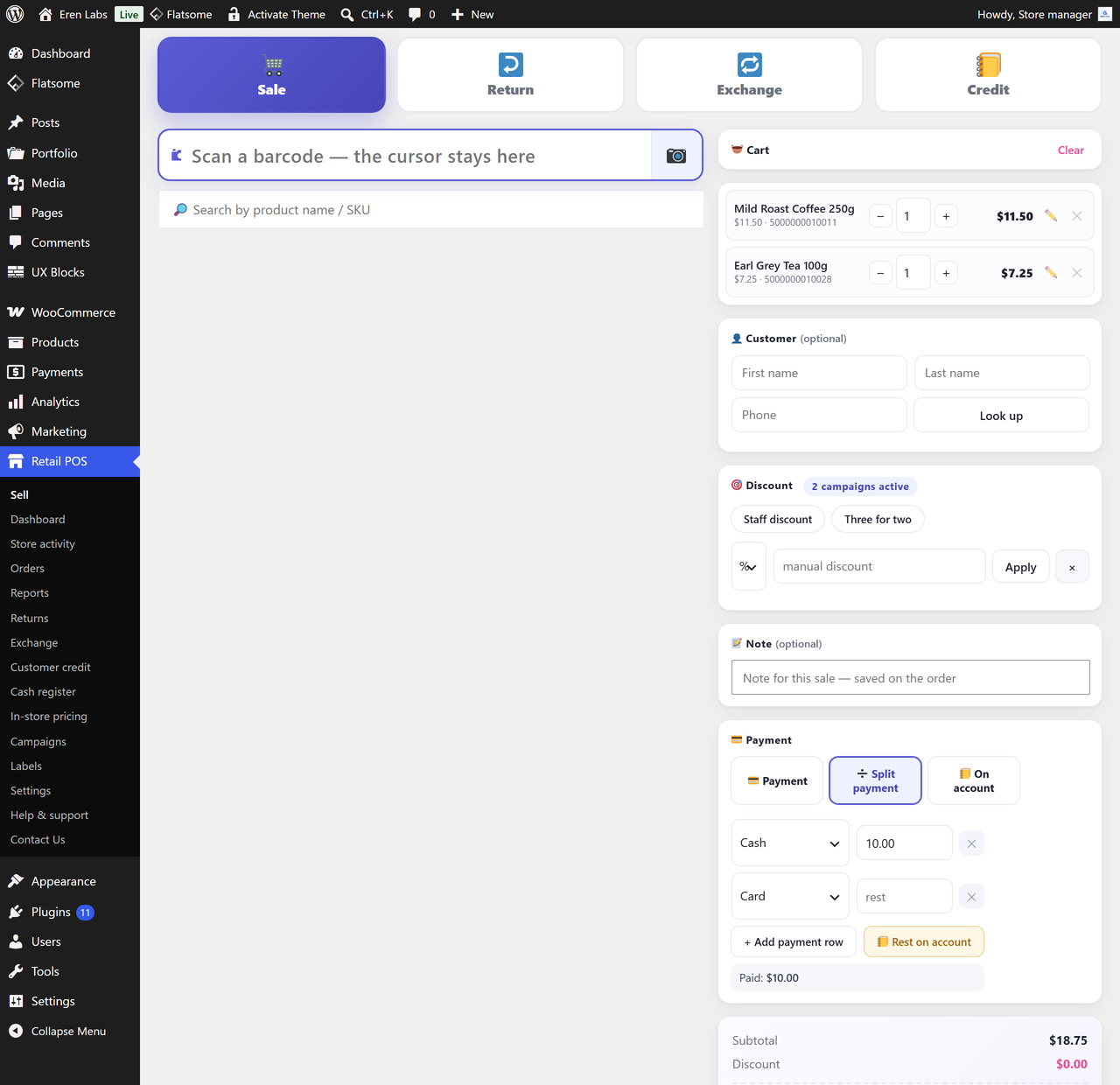 A sale being settled with two tenders: a cash row for $10.00 and a card row taking the rest, with the option to put the remainder on the customer's account.
