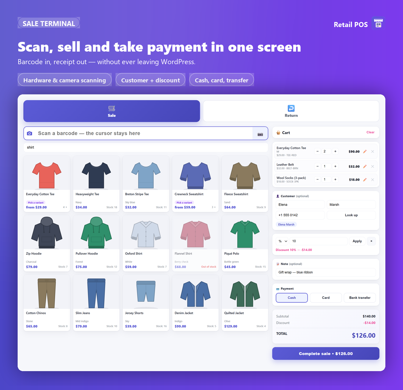 The sale terminal: a scan box and search on the left, and the cart with customer, discount, payment and total on the right.