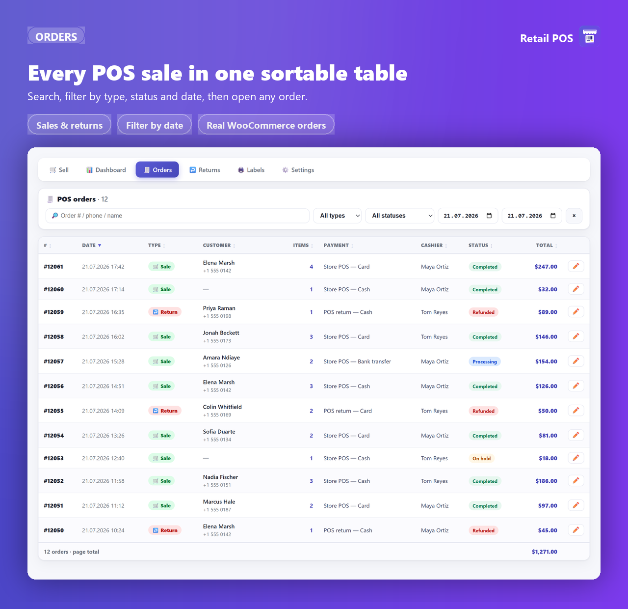 The POS orders list: filters for search, type, status and date range above a table of POS sales and returns.