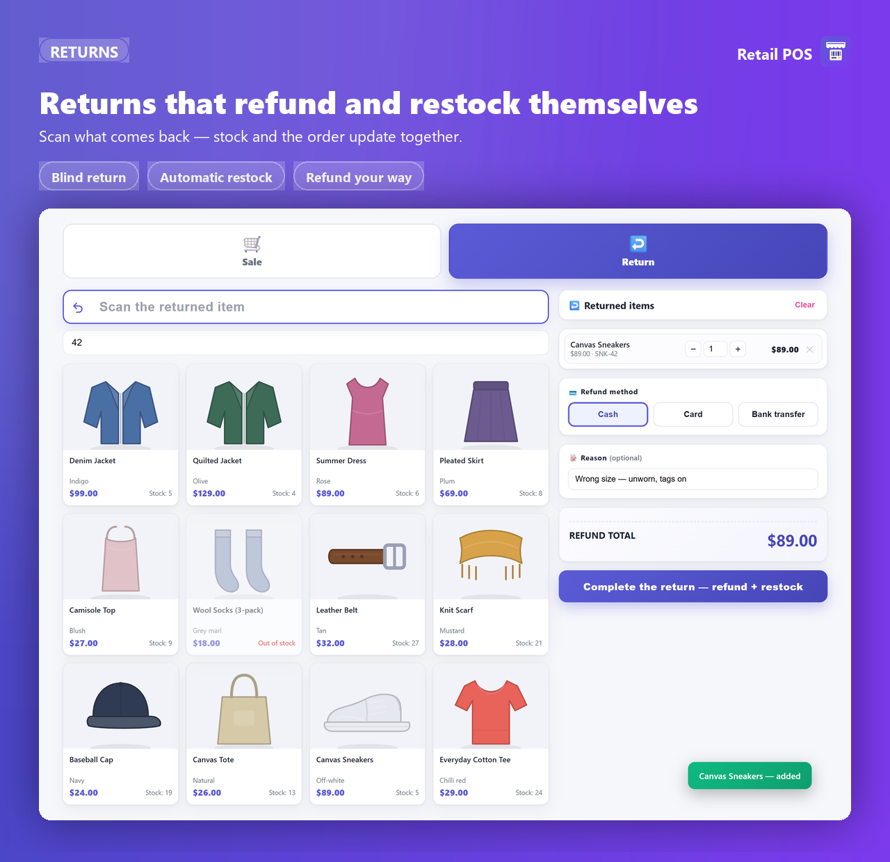 The return terminal: scan the returned item on the left, returned items list, refund method and refund total on the right.