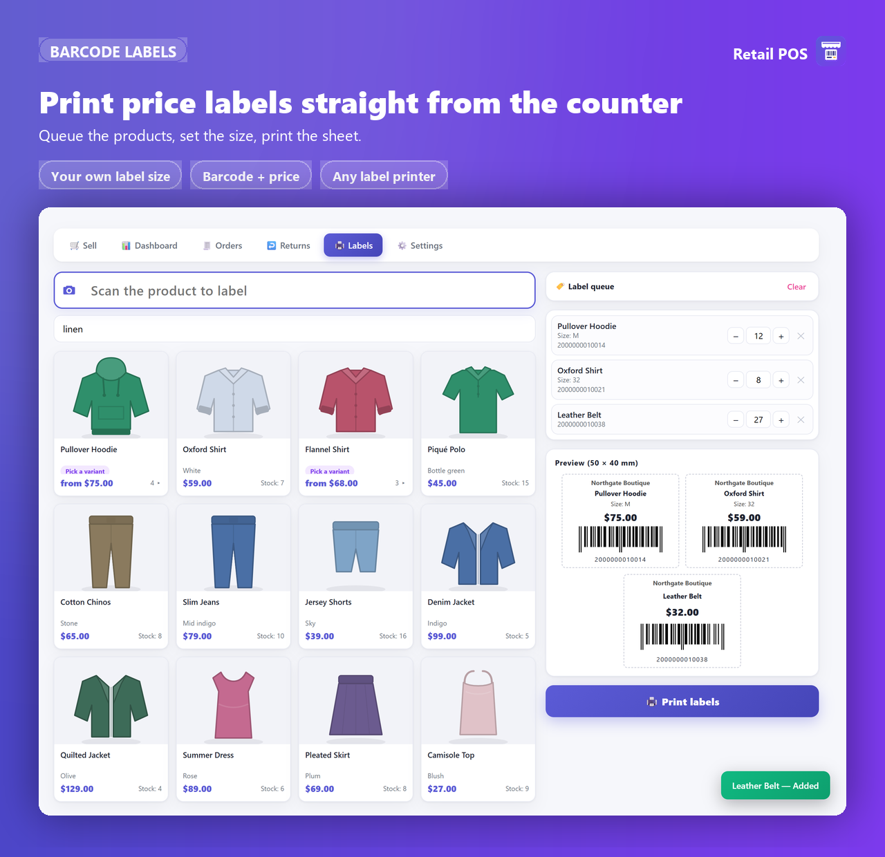 The barcode labels screen: product search on the left, a label queue with copy counts and a print preview on the right.