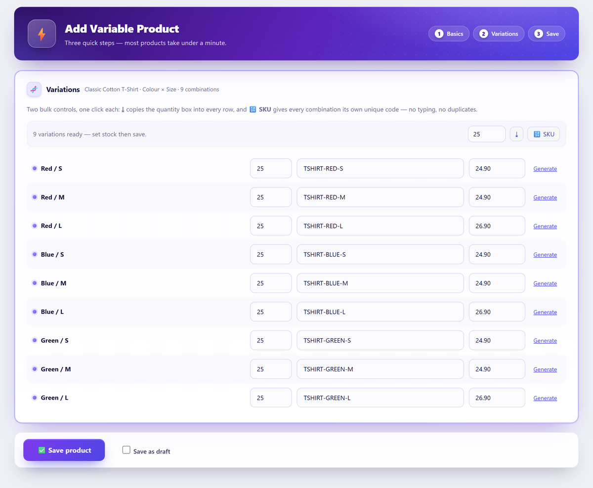 Auto-generating SKUs and setting all quantities at once before saving