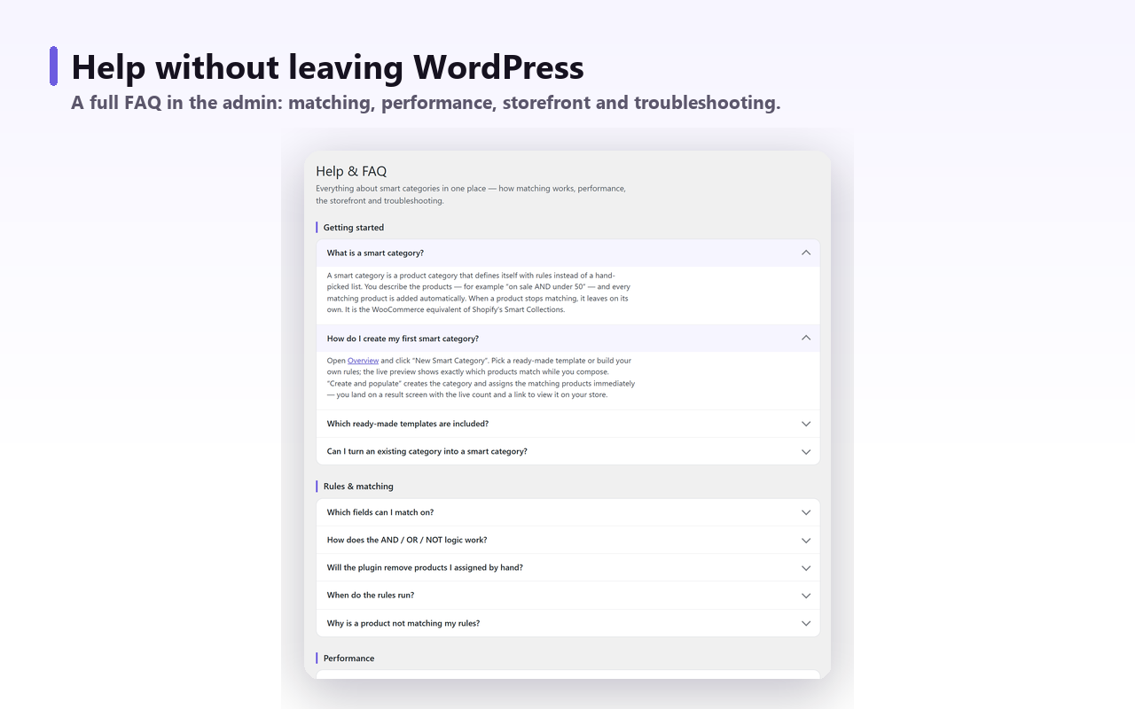 The built-in Help and FAQ screen covering matching, performance, storefront and troubleshooting