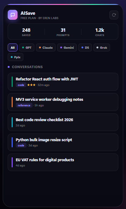 Saved conversations from six different AI assistants listed in one archive with tags and timestamps
