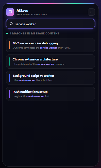 Search panel showing four matches found inside message content, each with a snippet of context