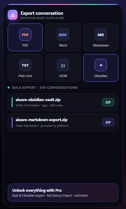 Export panel with PDF, Word, Markdown, plain text, JSON and Obsidian options and a bulk export section