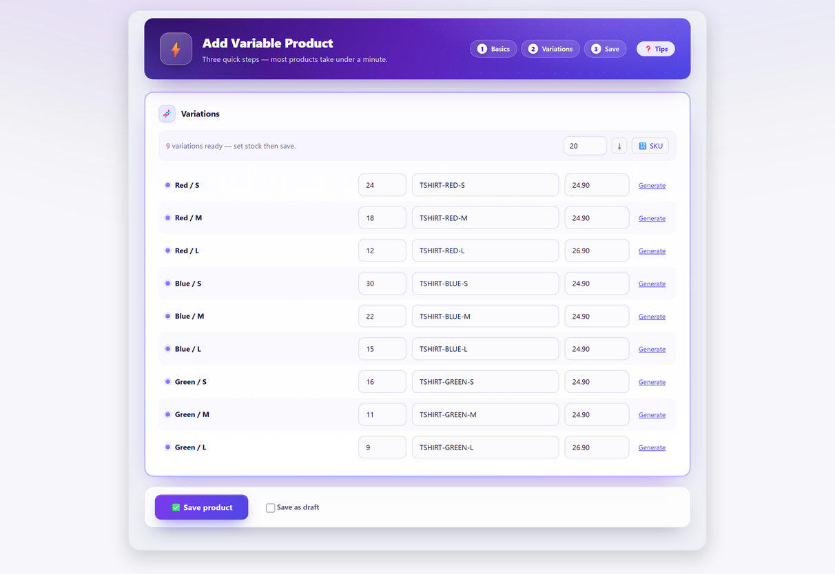 Nine variation rows with individual stock, SKU and price fields and a single save button