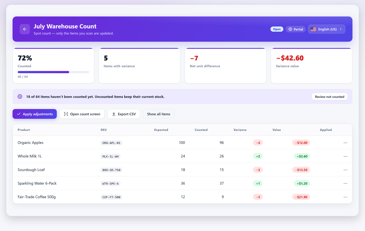 Stock variance report showing expected versus counted quantities per product, with unit differences and the value of each discrepancy