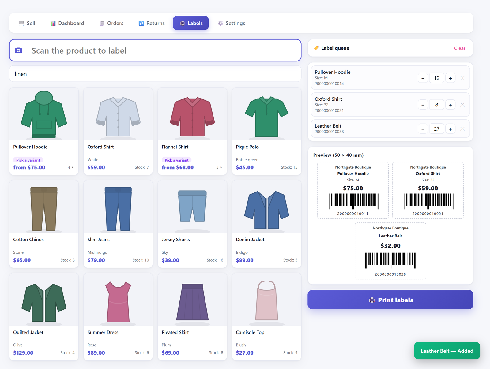 Barcode label screen with a scan box, a search field and product result cards filling the left column, and on the right a label queue where each product carries a copies counter, with the print preview below it showing small rectangular labels carrying the product name, the variant, the price, printed bars and the code digits underneath them