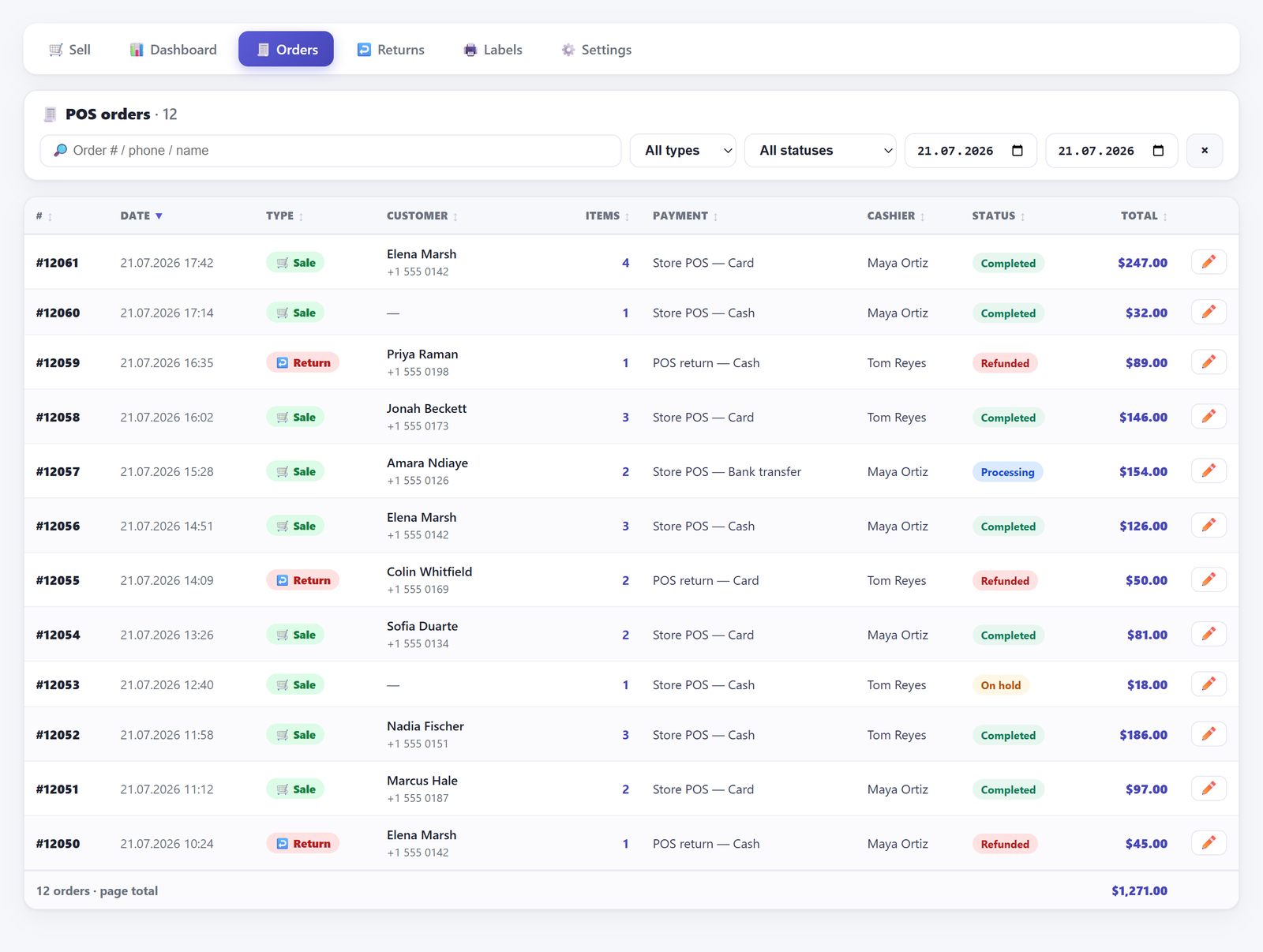 POS orders list inside WooCommerce admin with a search box and filters for order type, status and date range, showing rows of counter transactions where each row carries an order number, date, a type tag, the customer and phone, an item count, the payment method, the cashier, the order status and the total, with one row tagged as a return while the rest are tagged as sales