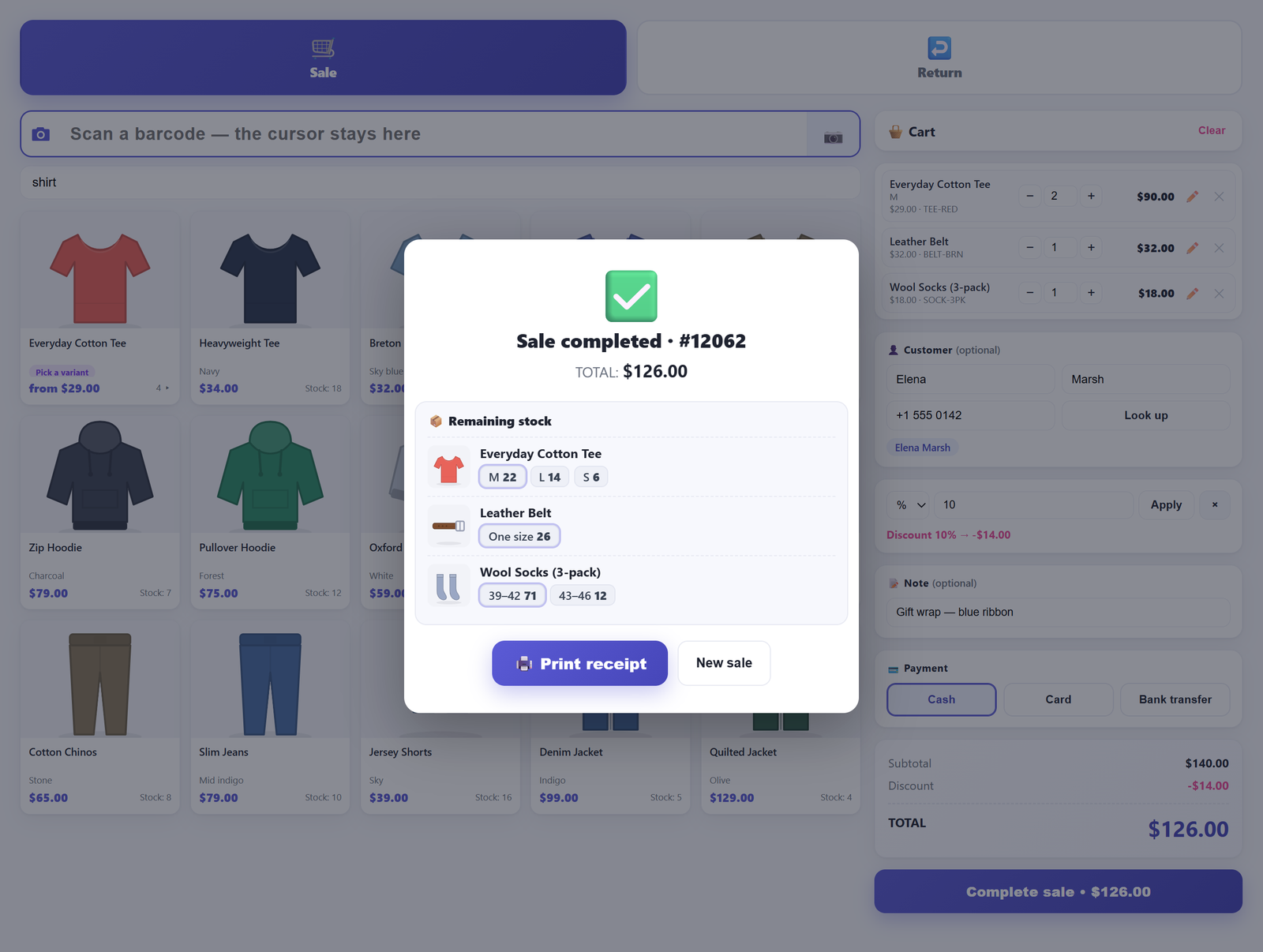 Confirmation panel after a completed counter transaction in WooCommerce showing the order number and total, a print receipt button, and a remaining-stock block listing each product with its variants and the stock figure left after the transaction