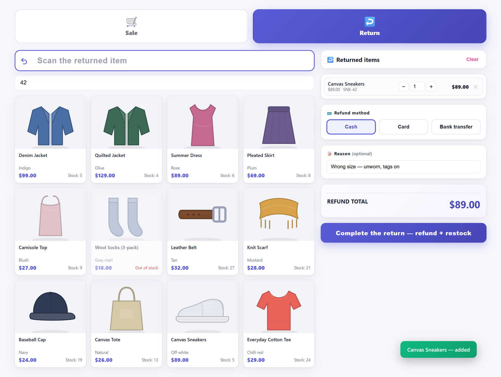 Returns screen of a WooCommerce point of sale showing a scan box reading Scan the returned item on the left, a returned-items panel on the right listing a scanned product with its price and a quantity stepper, refund method buttons for cash, card and bank transfer, an optional return reason field, a REFUND TOTAL figure and a button labelled Complete the return — refund plus restock