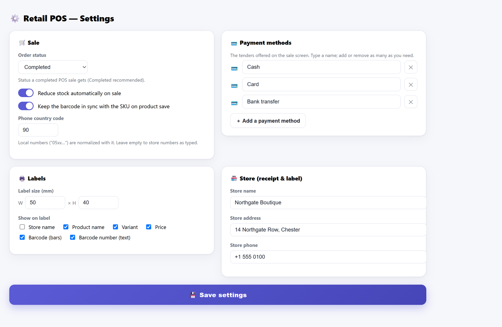 Settings page for a WooCommerce point of sale showing the order status a completed counter sale receives, a toggle labelled Reduce stock automatically on sale, store name address and phone fields used on the printed receipt, and an editable list of payment method names