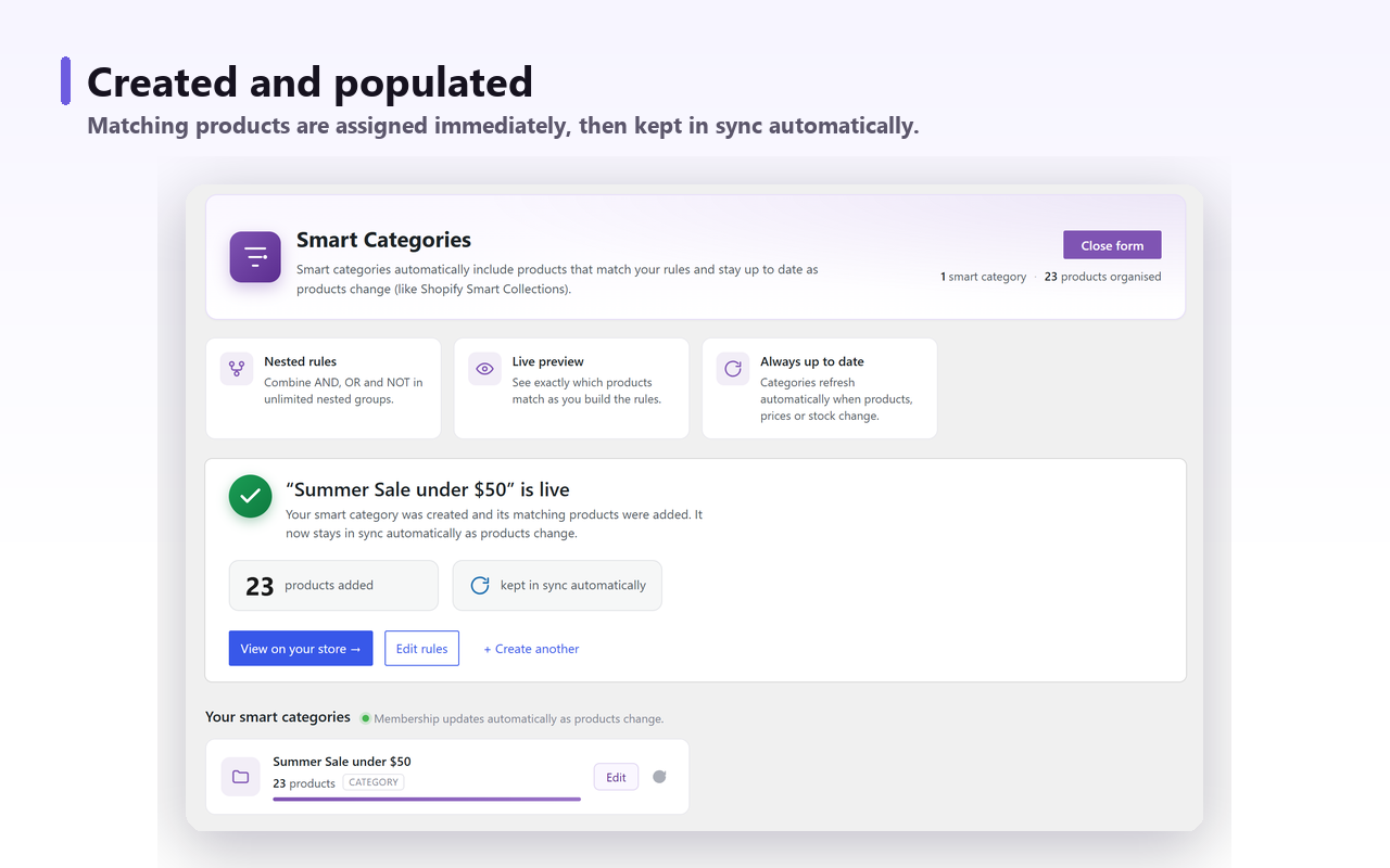 A smart category just created and populated with matching WooCommerce products